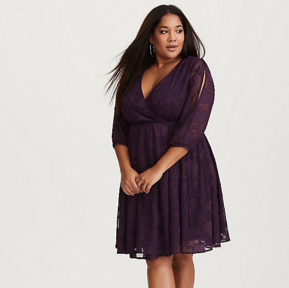 Purple Floral Burnout Cold Shoulder Wrap Dress